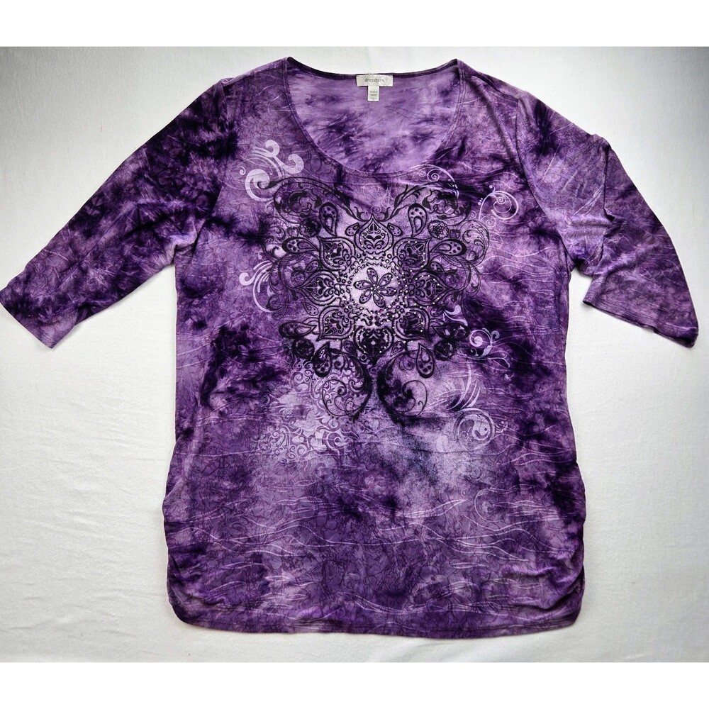 Dressbarn Women 18/20 Purple Tie Dye Ruched Rhinestone Top 3/4 Sleeve Y2K USA